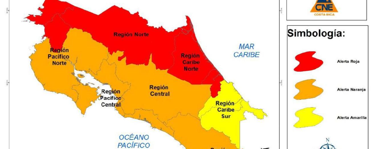 CNE declara alerta Roja para 12 cantones ante el arribo de la Tormenta Tropical Bonnie