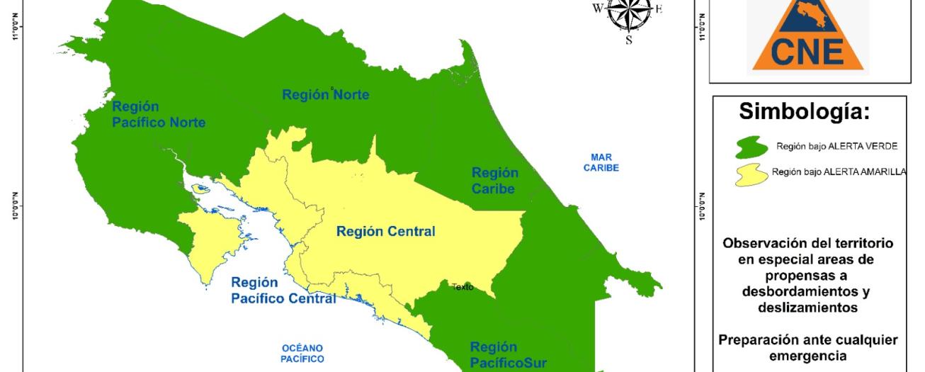 CNE declara Alerta Amarilla por lluvias para el Valle Central y el Pacífico Central 